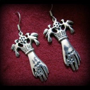 Vintage sterling artisan Victorian/Frida Kahlo style hand/bird/flower earrings